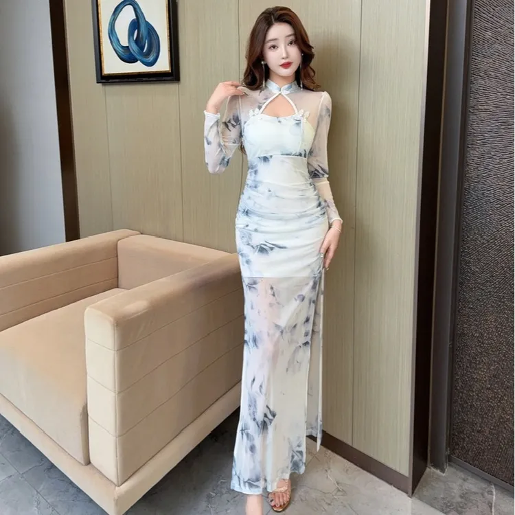 法式性感风优雅拼网纱旗袍连衣裙镂空设计感收腰显瘦开叉包臀长裙