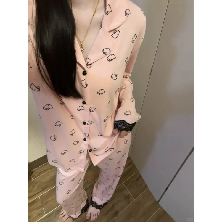 Kitty印花甜美少女蕾丝花边睡衣女春秋新款舒适可爱家居服外穿
