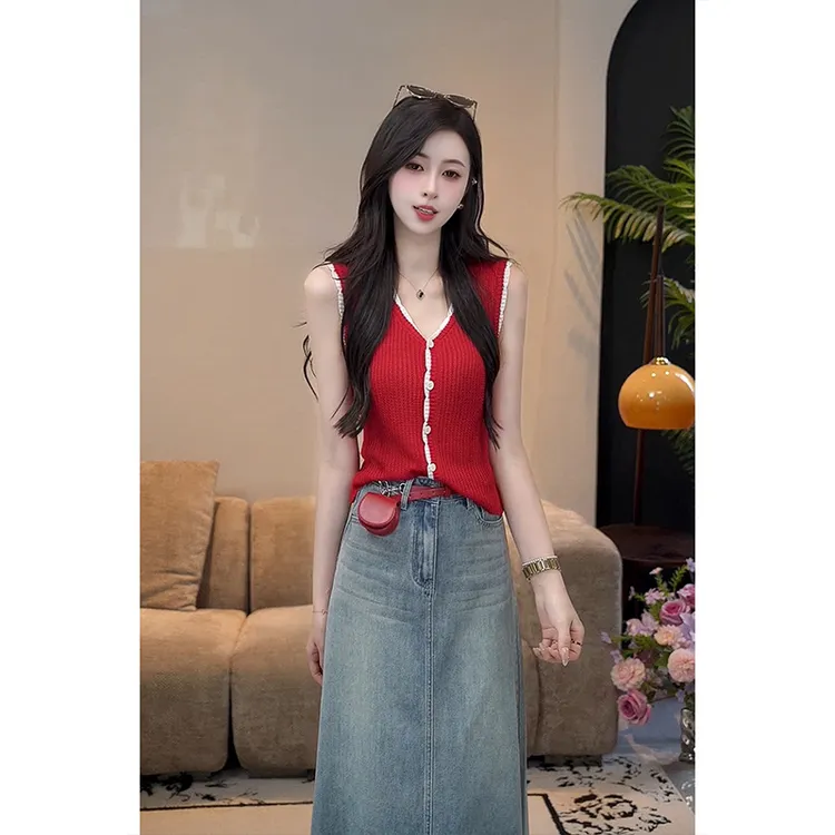 YUANLIANSU/圆脸酥【夏未玫瑰】法式时尚小众V领钩花撞色针织衫女