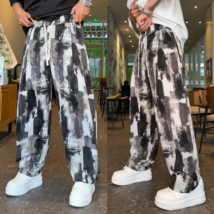 夏季新款水墨扎染花裤子男冰丝垂感凉凉裤百搭宽松直筒休闲阔腿裤