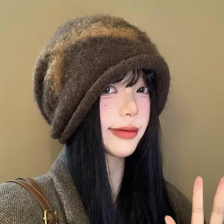 秋冬提花蝴蝶结拉毛时尚堆堆帽女保暖护耳套头冷帽韩版休闲针织帽