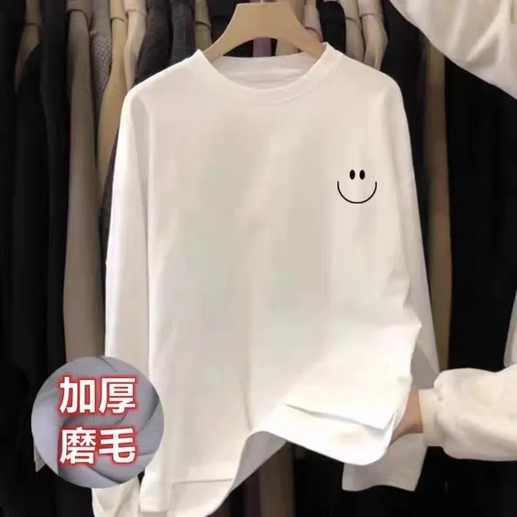 不规则纯棉磨毛长袖T恤女小个子韩版宽松大码上衣打底衫秋冬季潮