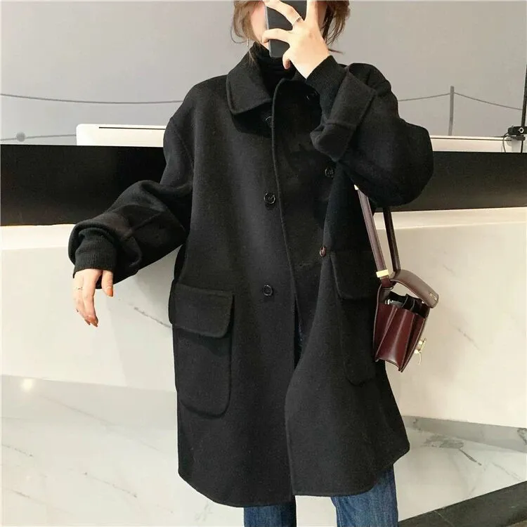 黑色双面呢大衣女中长款小个子2025秋冬新款宽松显瘦纯羊毛呢外套