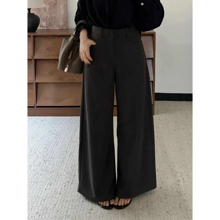 复古高腰慵懒风直筒西装休闲裤女秋季新款阔腿直筒裤西裤拖地长裤