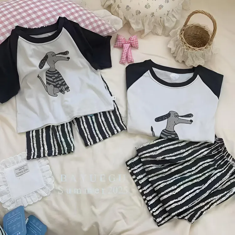 25春季新款A类男女童家居服套装儿童卡通印花睡衣睡裤100%棉韩版