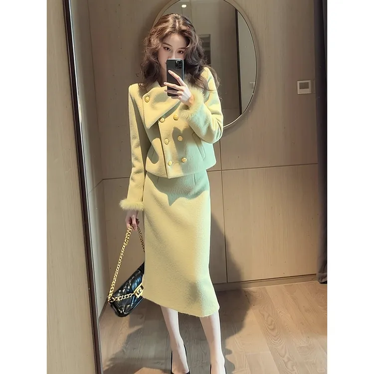 大方得体漂亮独特气质韩版高级感绿色毛呢外套半身裙两件套装女冬