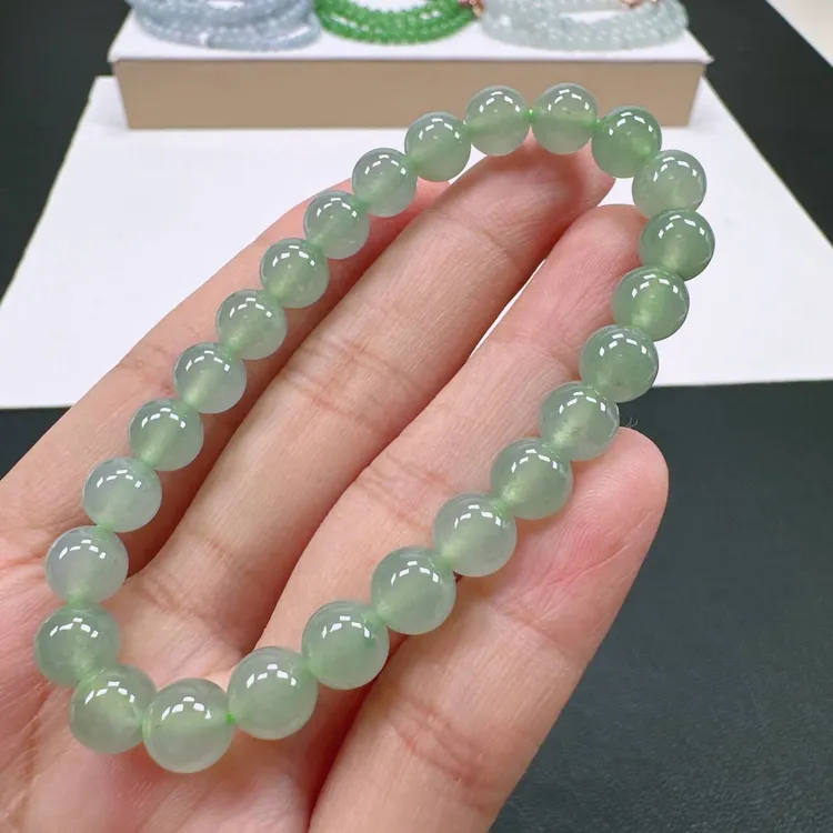天然A货翡翠卡7.5mm老坑冰种满色葡萄肉圆珠单圈女士手串