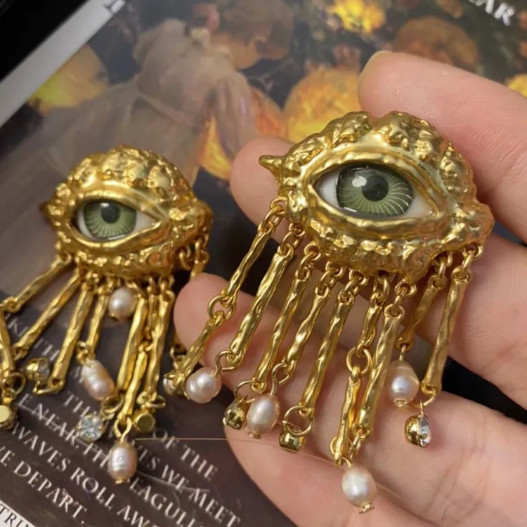 铜合金琉璃耳饰 「恶魔之眼」中古夸张耳钉耳夹复古vintage流苏耳环