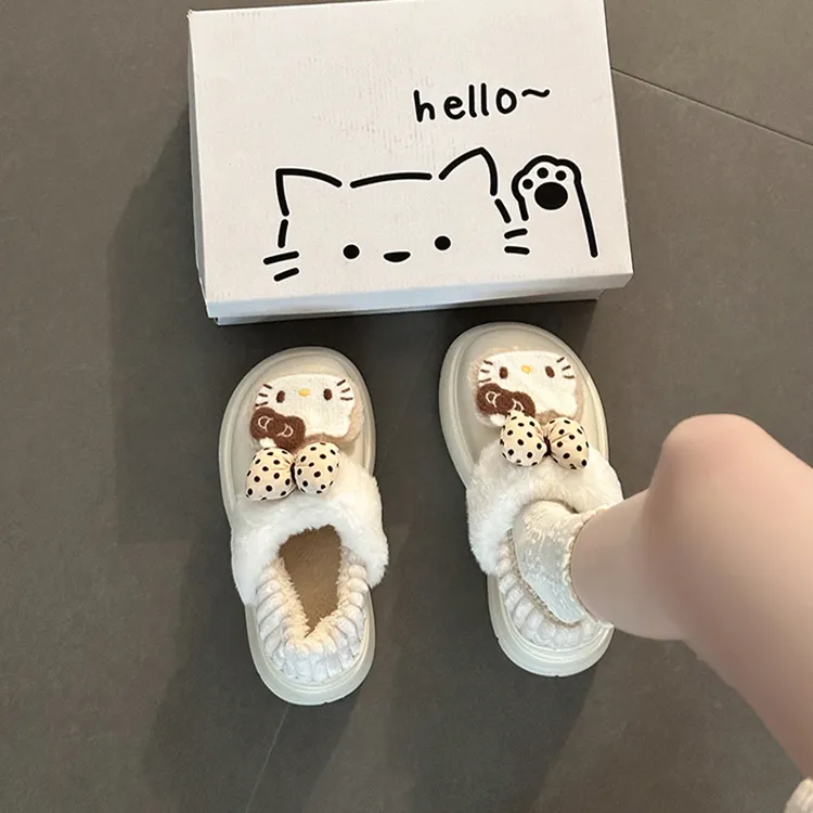 可爱卡通蝴蝶结小猫厚底雪地靴女2025秋冬新款室内保暖休闲大棉靴