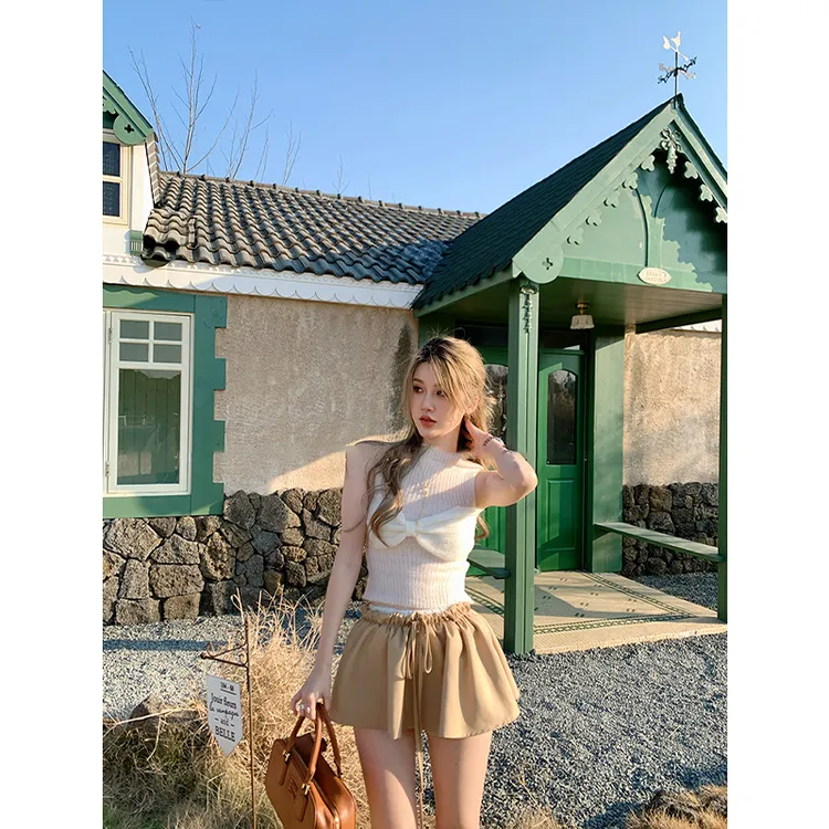 高级感时尚蝴蝶结设计修身显瘦百搭背心上衣高腰休闲纯色半身裙女