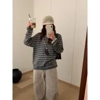秋季新款翻领条纹宽松套头针织衫D008S-6130