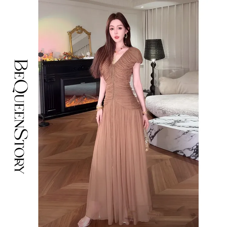 余潇潇【摩卡千金】高级感100人丝长款女神双C腰V领连衣裙夏