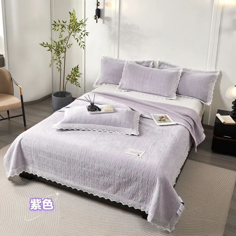【福运鸟】素色婴儿绒天丝花边床盖