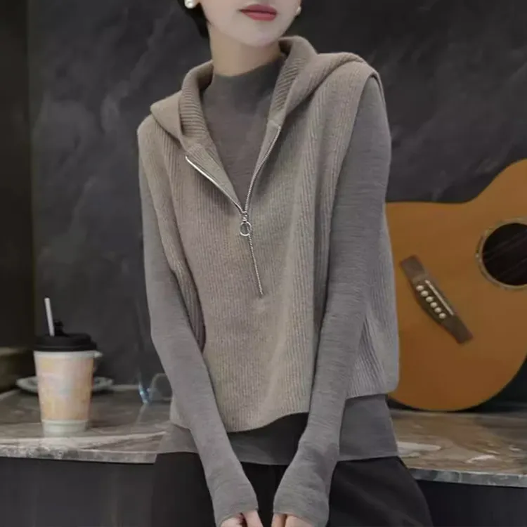 欧货高端纯色无袖针织马甲2025秋季新款连帽设计感叠穿马夹上衣女