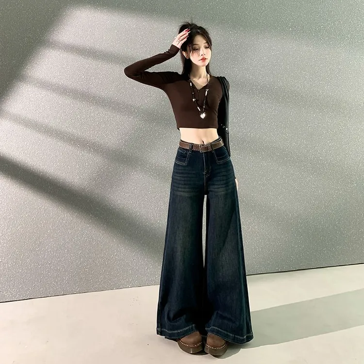 秋季新款美式复古蓝牛仔阔腿裤女宽松百搭显瘦