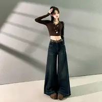 秋季新款美式复古蓝牛仔阔腿裤女宽松百搭显瘦