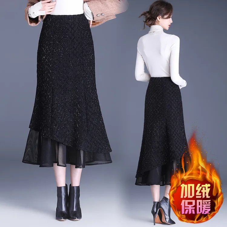 亮丝黑色鱼尾裙女半身裙秋冬加绒加厚保暖高腰中长款百搭显瘦包裙