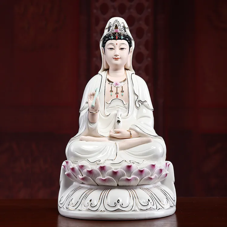 戴玉堂德化白瓷莲花观/音描金彩观/音家用摆件陶瓷工艺手工雕刻