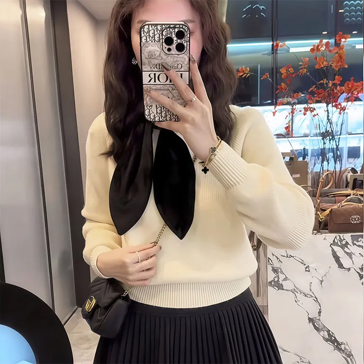 韩版轻奢减龄蝴蝶结系带毛衣女设计感小众法式气质撞色针织衫秋冬
