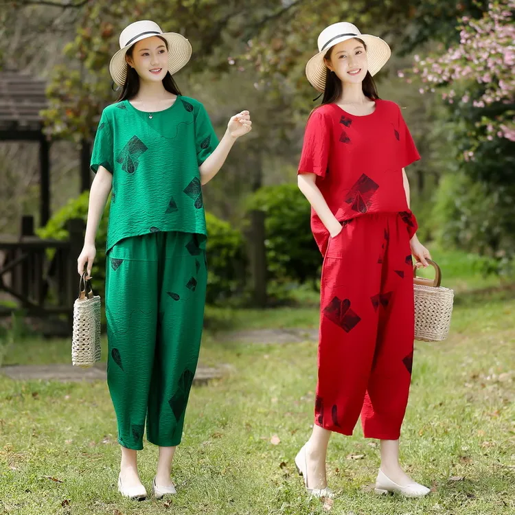 新款洋气妈妈夏装套装中老年女装短袖T恤中年亚麻上衣两件套