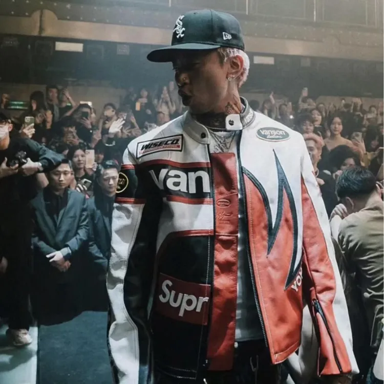 奥莱【品牌撤柜】马思唯美式复古皮衣刺绣白黑赛车机车美式复古皮衣