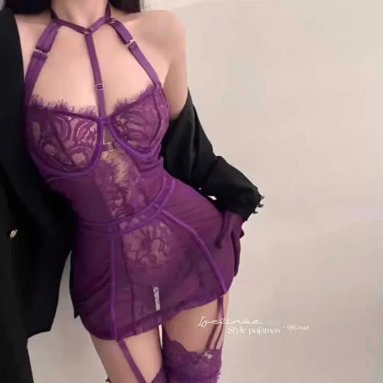 性感紫色露背内衣ins吊带蕾丝免脱睡衣套装诱惑连体衣纯欲睡裙