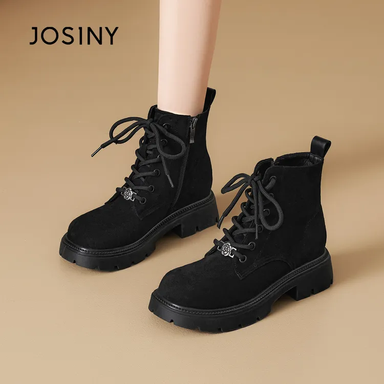 卓诗尼厚底马丁靴2026秋春休闲风黑色中筒高跟靴子女靴复古单靴