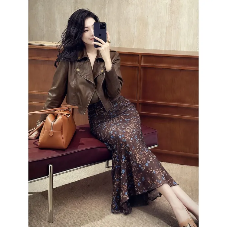 2025新法式复古轻薄碎花咖色半身裙咖色短款外套女早秋搭配套装女