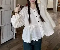 大码女装气质法式钩花镂空灯笼袖衬衫高级感可叠穿上衣5752-1