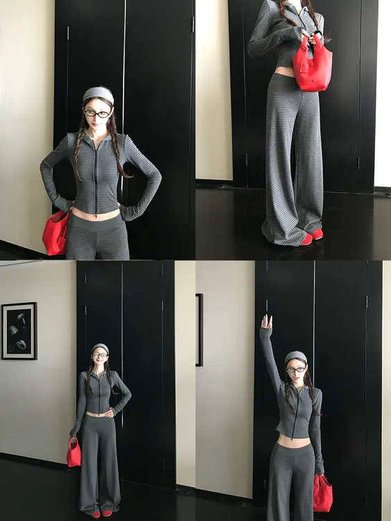 软糯条纹正肩连帽长袖修身拉链卫衣+拼接腰头直筒阔腿裤休闲套装