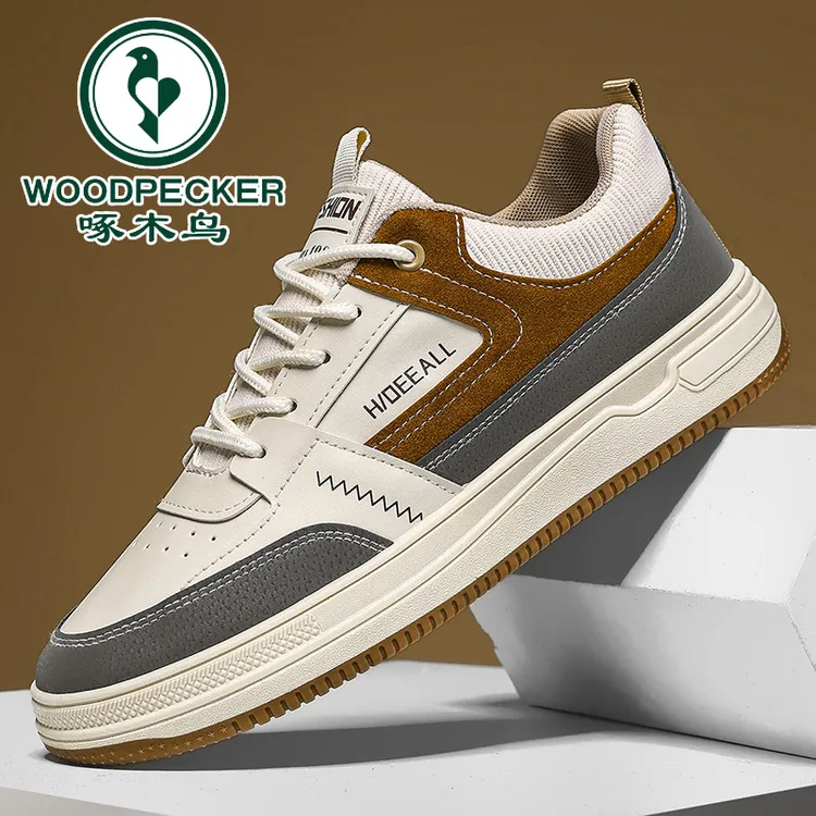 【正品啄木鸟】男鞋皮面百搭厚底运动休闲板鞋男士上班工作低帮潮鞋