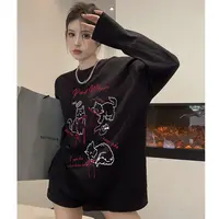 港风ins蝴蝶结猫咪t恤正肩上衣洋气女装纯棉印花长袖情侣装打底衫