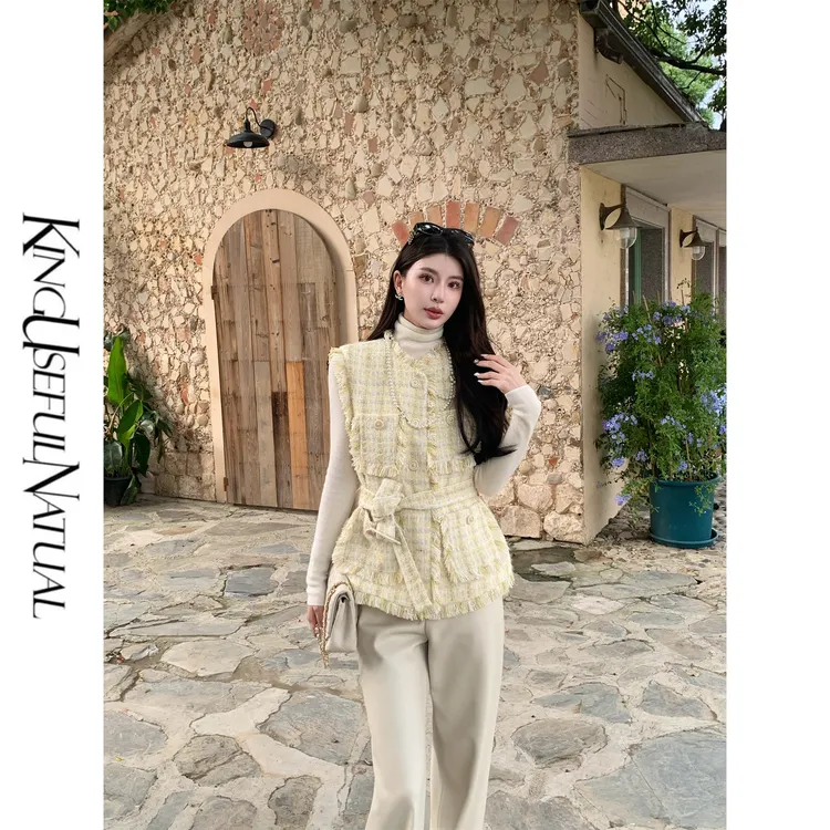 KUN【日出晨光】审美密码 奢感小香手工拉毛金丝显瘦黄色马甲上衣