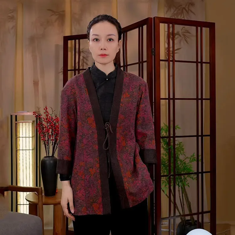 【阿邦香云纱】100%桑蚕丝披肩外套女春秋新款开衫提花中式长袖上衣