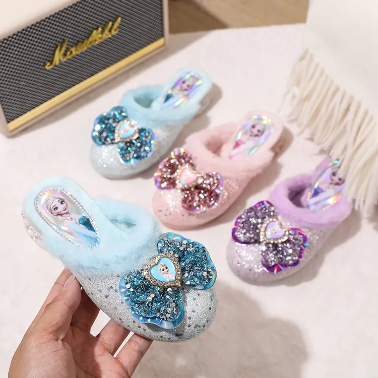 女童拖鞋包头加绒秋冬新款爱莎公主软底防滑小女孩童鞋居家外穿