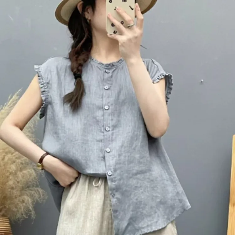 与曼 亚麻100夏季薄款衬衫日系夏季纯色衬衣纯色女装小衫遮肚CH