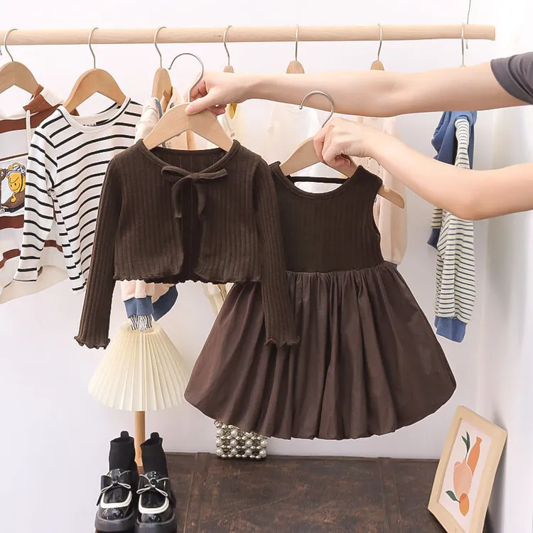 2025春秋款新款女童连衣裙套装女宝宝长袖针织开衫花苞裙蓬蓬裙潮