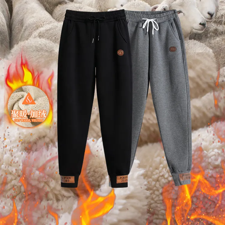 加绒加厚运动裤女秋冬季外穿保暖棉裤宽松休闲裤子羊羔绒束脚卫裤