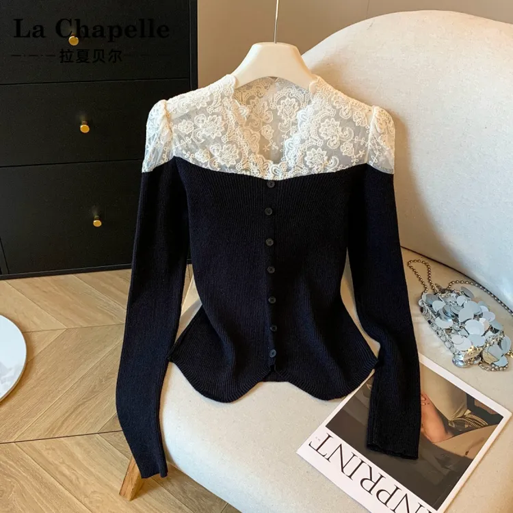 拉夏贝尔设计感蕾丝拼接针织衫女2025新款修身性感显瘦内搭打底衫