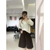 【小个家】“杏仁奶糕”米杏色镂空设计针织毛衣