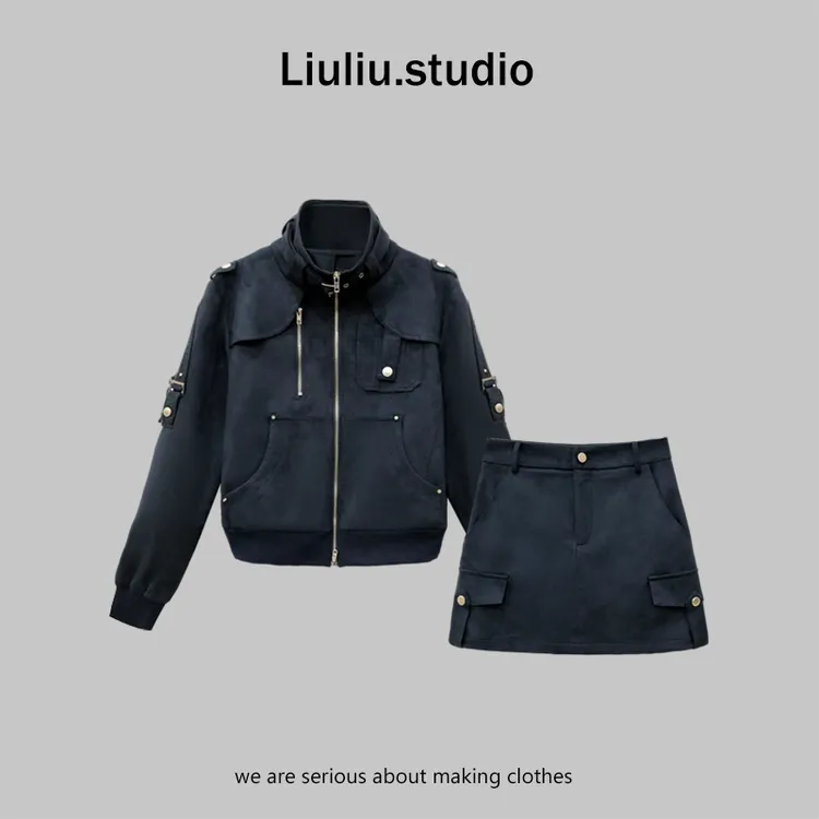 LiuLiu定制【幽蓝骑士】设计师炸街工装风猎装外套+半身裙显瘦套装