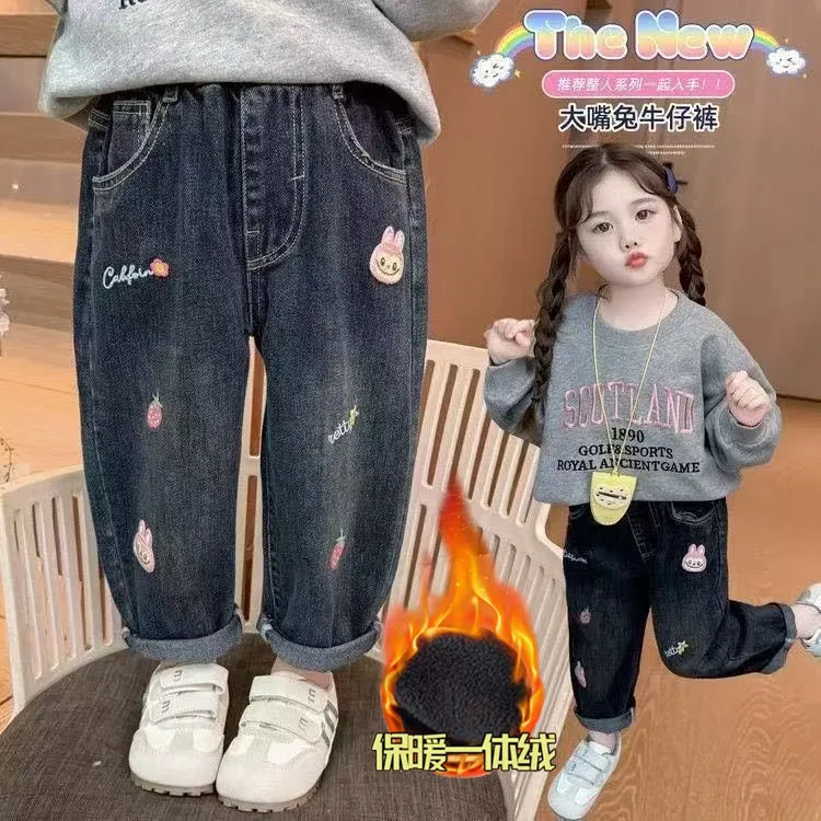 女童加绒裤子2025新款冬季宽松加厚儿童牛仔裤洋气女宝保暖裤冬款