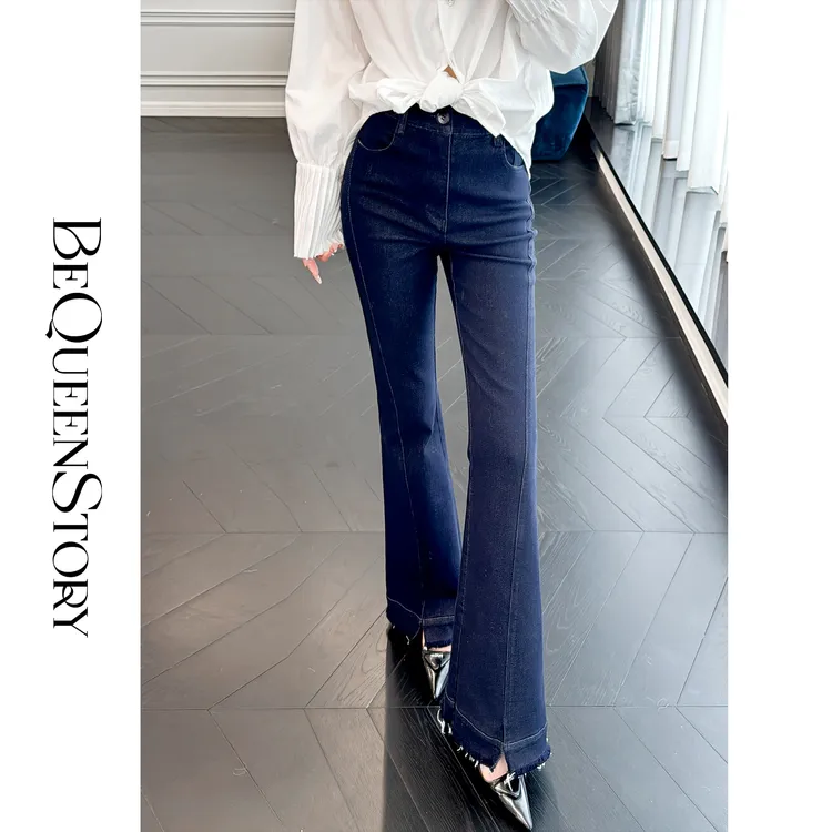 余潇潇【时代美腿】时尚百搭弹力线条立体感显瘦毛边微喇牛仔裤新品