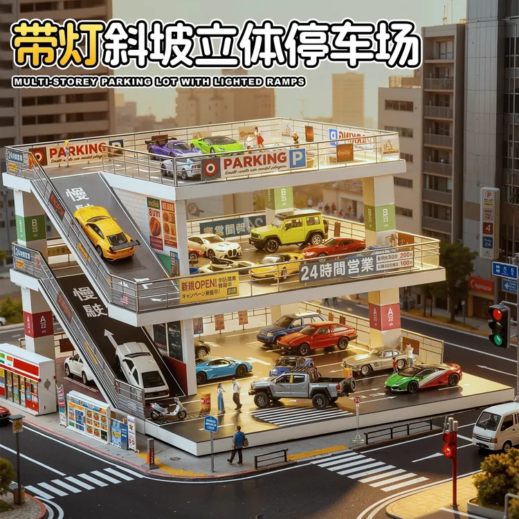 1:64日式坡道停车场小比例经典车模展示架小汽车玩具收纳架男孩