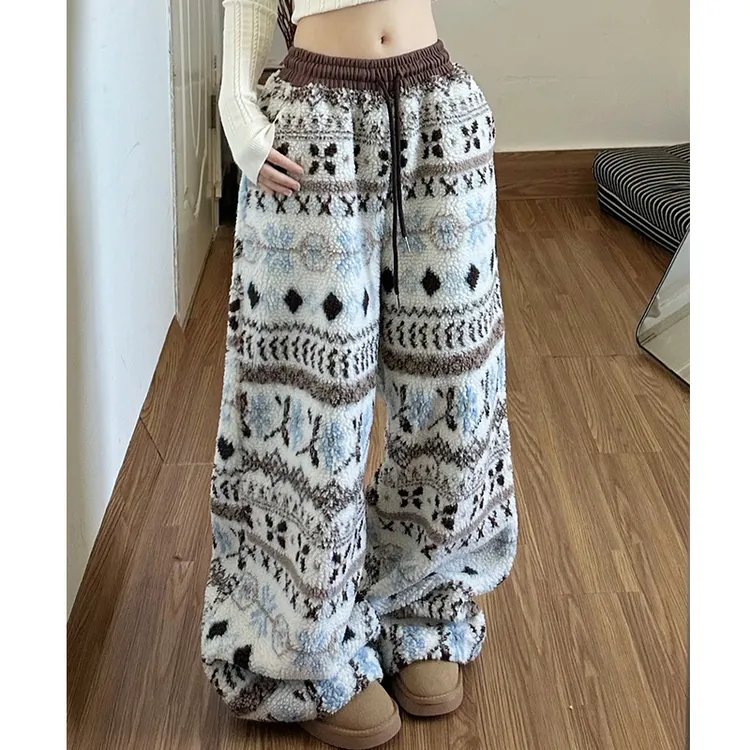 费尔岛羊羔绒棉裤女冬复古慵懒宽松休闲裤保暖阔腿裤加绒加厚裤子