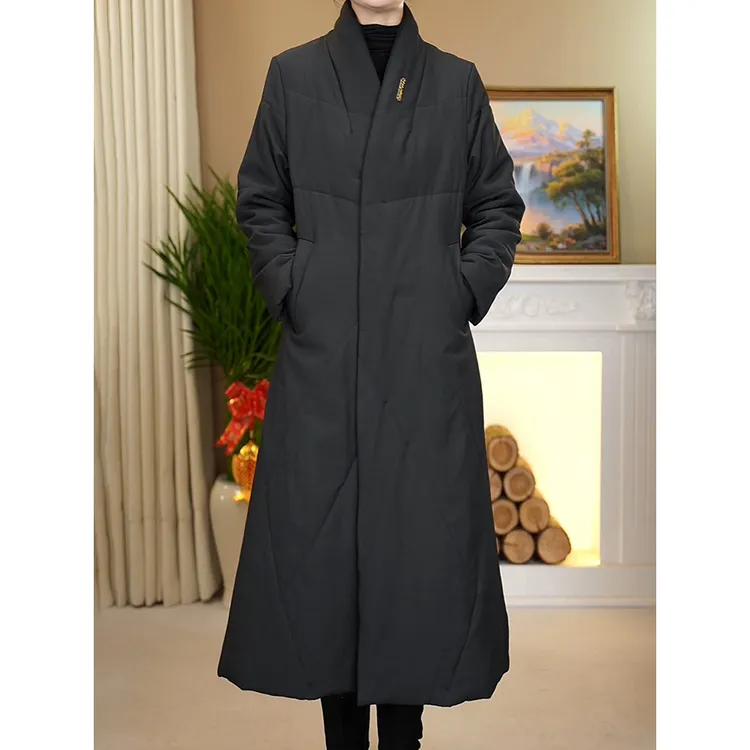 富太太时尚洋气纯色长款v领加厚保暖棉衣服2025宽松休闲减龄百搭