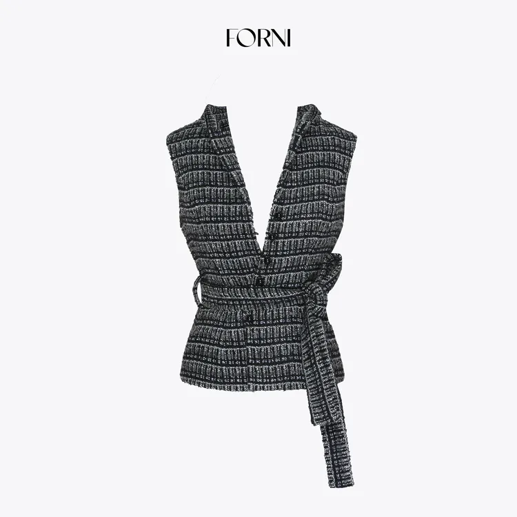 FORNI 玛瑙小香 混色条纹编织系带小香风马甲