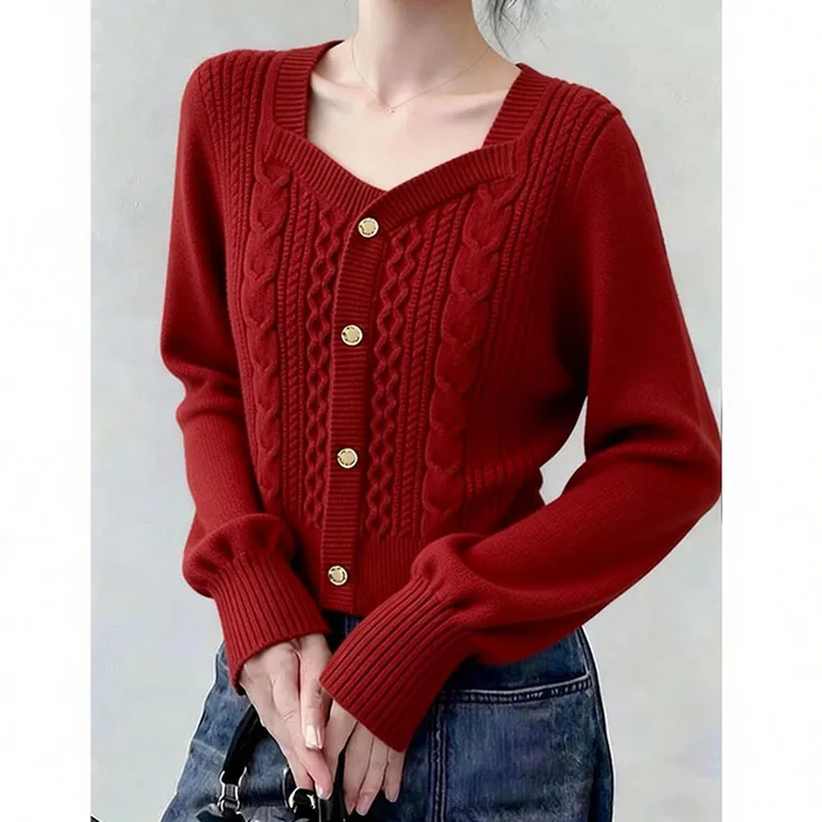 复古红色麻花针织衫女秋冬季穿搭爆款减龄气质圣诞跨年单排扣毛衣