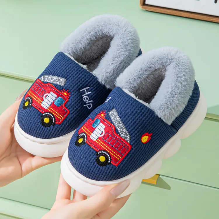 儿童棉拖鞋包跟男童秋冬季卡通消防车居家防滑保暖小男孩宝宝棉鞋