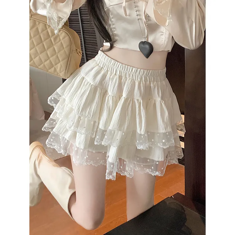 CKKORA字百褶裙拼接蕾丝夏季自带打底半身裙显瘦蛋糕裙百搭休闲裙